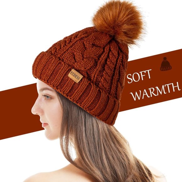 Womens Winter Warm Fleece Lined Knitted Soft Ski Cuff Beanie Hat with Pom Pom - Picture 3 of 8